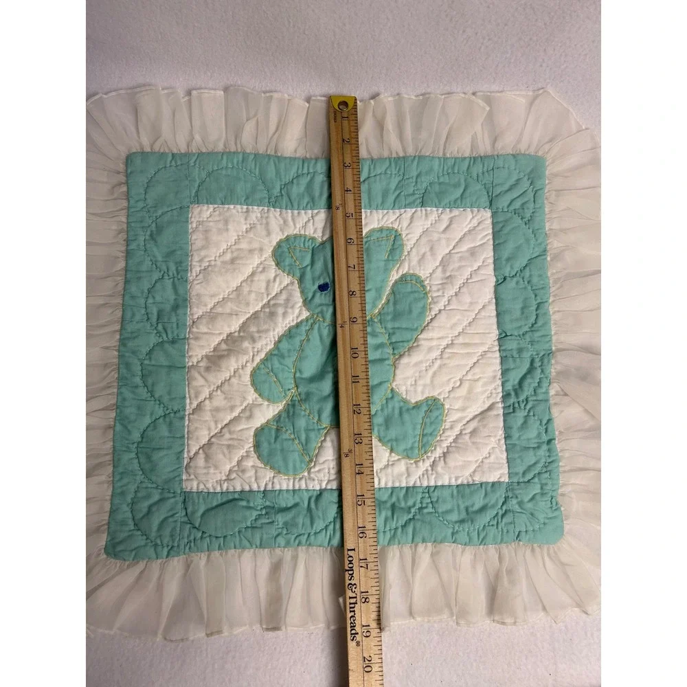 Vintage Cottagecore Unbranded Unisex Teal White Quilted Teddy Bear Pillow Sham